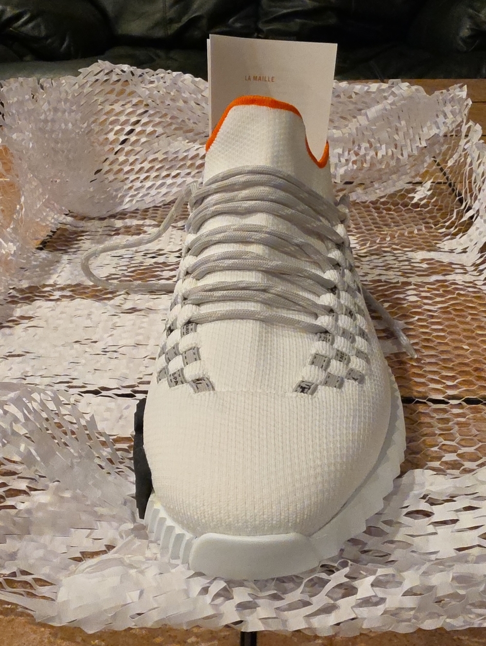 Hermes White Knit Sneakers with Orange Trim